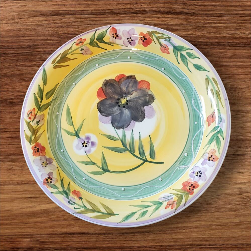 Painted Floral Ceramic Plate Yellow & Green with Black Flower,Boho Cottage Style